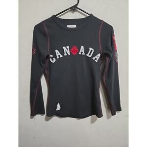 GGS LTD Canada gray long sleeve stretchy shirt knit top Moose XS With Patches